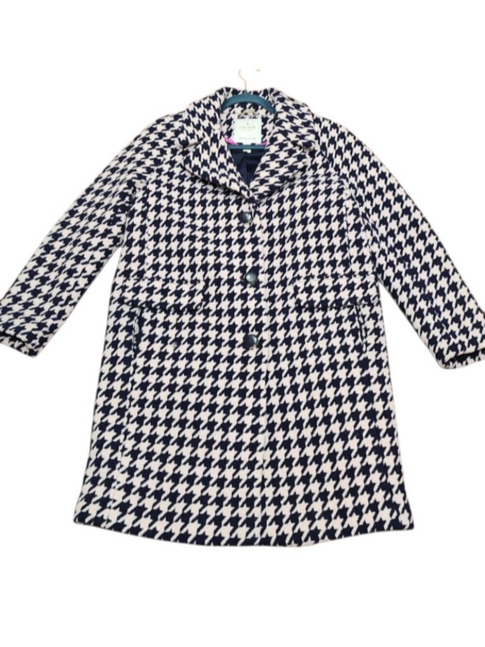 Kate Spade New York Houndstooth Coat Womens M Wool Blend Navy Ivory Button Front - Picture 5 of 16